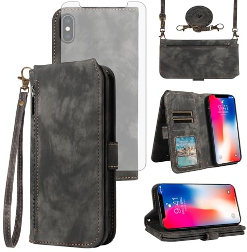 Asuwish Handyhülle für iPhone Xs X 10 10s Wallet Cell Cover mit gehärtetem Glas Displayschutzfolie Crossbody Strap Flip Card Holder iPhoneX iPhoneXs iPhone10 i PhoneX SX 10x 10xs X's Damen Herren