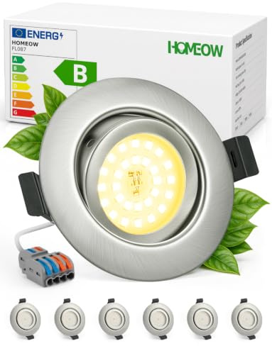 HOMEOW LED Einbaustrahler 230V Metallgehäuse Warmweiß IP44 Nickel 6er Set | LED Spots Lochmaß 68 - 80mm Deckenspots Ultra Flach für Badezimmer Dusche Kueche Schwenkbar 3000K 4.7W 760LM Nicht Dimmbar