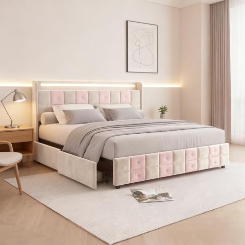 FOERPL Bett mit Schublade, Doppelbett, 160 x 200 cm, mit Stauraum, Bettgestell mit LED und USB-Ladeanschluss, 4 Schubladen aus Eisen, gepolstertes Bett aus weichem Samt, ohne Matratze (J Rosa, 160 x