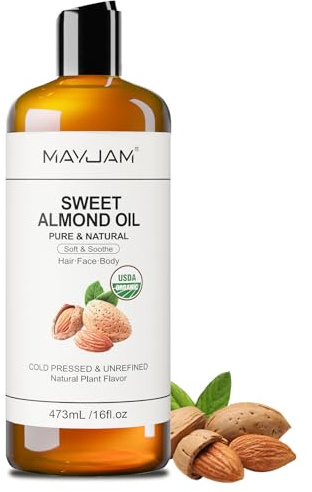 MAYJAM Sweet Almond Oil Organic 473ML,Pure Natural USDA Certified | Sweet Almond Oils with Cold Press Unrefined for Skin & Hair, Body Face & Massage, Almond Carrier Oil for Essential Oil Mixing