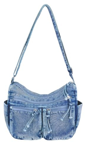 Ausing Crossbody Bag Damen Groß Canvas Tasche Damen Jeanstasche Damen | Denim-Stoff, Großes Fassungsvermögen, Vintage-Stil, für Reise Alltag