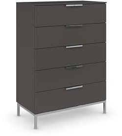 Rauch Möbel Flipp, Kommode, Farbe Graphit, Breite 80 cm | Sideboard, 5 Schubladen, Soft-Close, Griffe, Metallkufe Chrom, für Schlafzimmer, Gästezimmer, Wohnzimmer