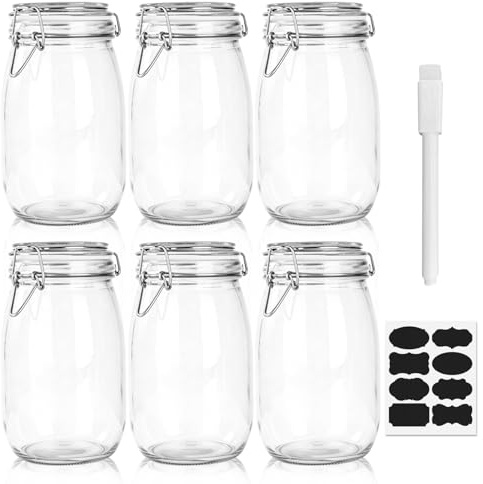 6 Pack Mason Jars with Lids, 1.5 Litre Wide Mouth Glass Jars, Pickle Jar | Big Storage Jars with Airtight Screw Lid - Perfect for Pickle, Sweets, Sugar, Laundry Pods Storage Container, Pickling Jars