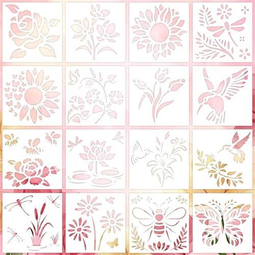 16stk Wiederverwendbare Blumen Schablonen, Kolibri Schmetterling Sonnenblume Schablone zum Bemalen von Holz Stoff Wand Leinwand Blumen & Tier Vorlagen Set für DIY Basteln Zuhause Dekoration