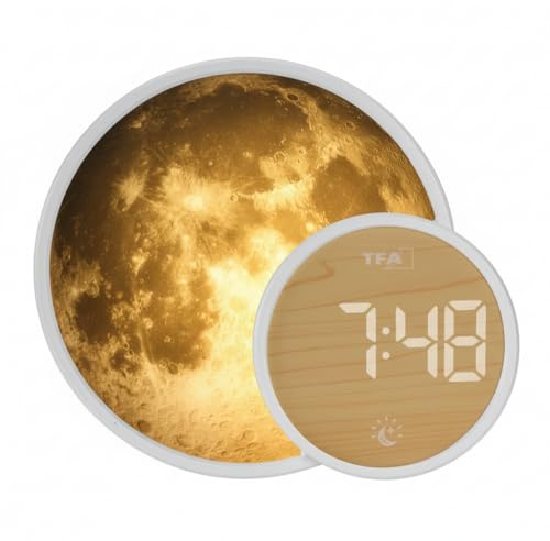 TFA Dostmann Lichtwecker digital mit Stimmungslicht, 60.2050, Mondfolie, Nachtlicht, Soluna Mini, Wecker, Sonnenaufgangs-Funktion, Einschlafhilfe, Ladefunktion, weiß