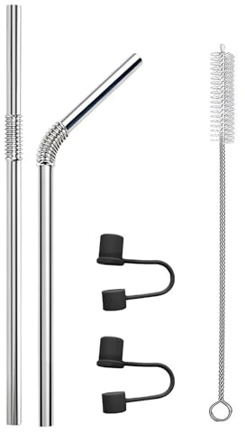2 Pcs Bendable Stainless Steel Straws, 225mm Eco-Friendly Reusable Metal Drinking Straws with Cleaning Brush & Straw Lids for Smoothie, Milkshake, Cocktail and Hot Drinks