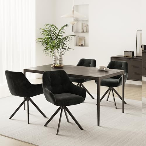 MALOL Drehbare Esszimmerstühle 4er Set, 360° Drehbare Armlehnstühle mit weichem Florstoff & Metallgestell, Bequeme Esszimmerstühle Drehbar mit Rückenlehne für Küche, Esszimmer, Büro, Schwarz
