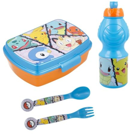 Aymax Pokemon Kinder Lunchset ab 3 Jahren – 4-teilig mit Brotdose 16 x 13 x 5 cm, Trinkflasche 400 ml & Besteck