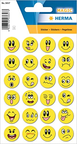 HERMA 3657 Aufkleber Smiley klein groß, 24 Stück, Wackelaugen Belohnung Sticker mit lustigen Emoji Gesicht Motiv, Kinder Etiketten für Schule Grundschule Schüler Tagebuch Scrapbooking Geburtstag Deko