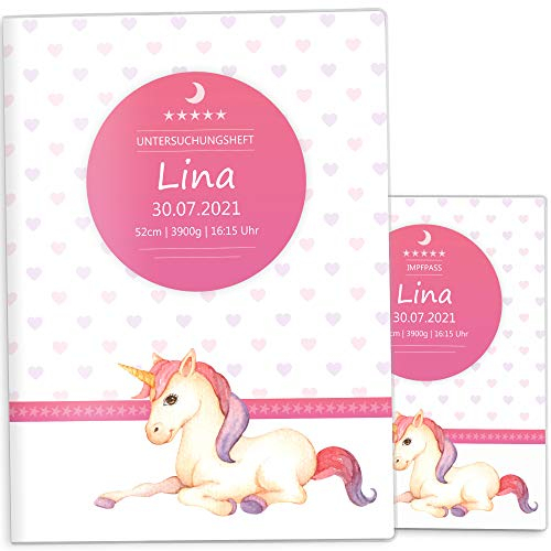 OLGS U-Heft Hülle SET Einhorn Unicorn Untersuchungsheft Hülle inkl. Impfpasshülle Geschenkidee personalisierbar mit Namen & Geburtsdatum (U-Heft Set personalisiert, Bella)