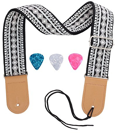 Rufun Gitarrengurt Retro Jacquard Weave Zubehör Einstellbare Länge für Basse E-Gitarre Akustische Gitarre, 3 Picks enthalten (Schwarz)