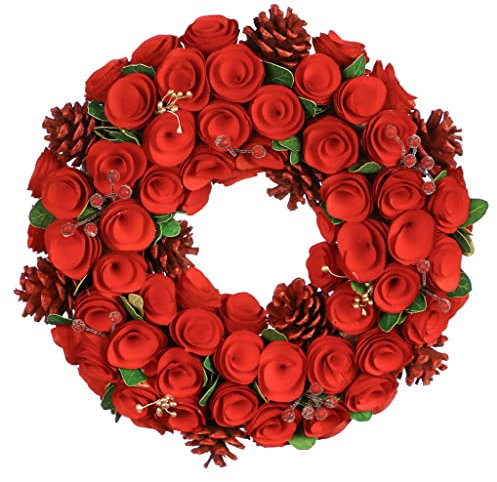 14 Front Door Winter Wreath Pine Cone/Red Rose Flower Wreath (CR38)