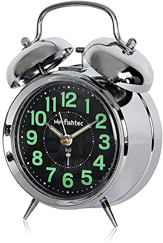 Fishtec - Retro Wecker - Funkgesteuert - Vintage Wecker mit Doppelglocke - Batteriebetrieben - Nachttischuhr - Verchromt - 18 cm - Leuchtet im Dunkeln - Fluoreszierend grün - Vintage