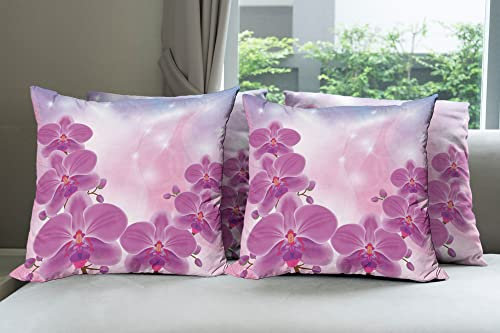Ambesonne Kissenbezug mit floralem Muster, 4 Stück, exotische Orchidee auf abstraktem Hintergrund, Kreise Sterne, moderner Akzent, doppelseitiger Digitaldruck, 61 cm, Rosa / Violett