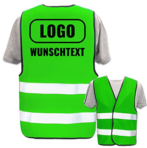 PixiPrints.com Hochwertige Warnweste mit Leuchtstreifen * Farbe: Neon Grün (6XL) * Druck: Rücken * bedruckt mit Name Text Bild Logo Firma * personalisiertes Design selbst gestalten