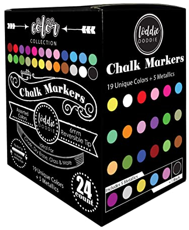 Loddie Doddie Lot de 24 marqueurs à craie liquide effaçables sans poussière pour fenêtres, verre, tableau noir et tableau noir – Pointe ogive réversible de 6 mm