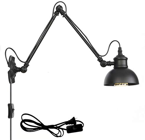 Schwarz Industrial Wandleuchte mit Schalter Retro Innen E27 Wandlampe Wohnzimmer Wand-Leselampen Verstellbar Metall Langer Arm 30+30cm, 1,8 m Kabel mit EU Stecker, für Schlafzimmer Bettseite Büro