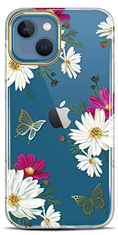 JAHOLAN Clear Case Compatible with iPhone 13 Mini Case with Flowers, for Girls Women, Shockproof Glitter Floral Pattern Hard Back Cover Phone Case 5.4 inch 2021 - Butterfly Gold