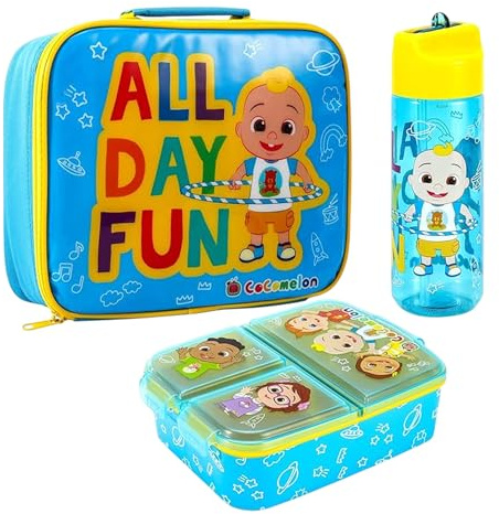 Cocomelon Kids Lunch Box Set – School & Travel Snack Boxes Set of 3 | Insulated Lunch Bag, Lunch Box with Compartments & 580ml Water Bottle, Lunch Bag & Box Gift Set for Boys & Girls | BPA Free