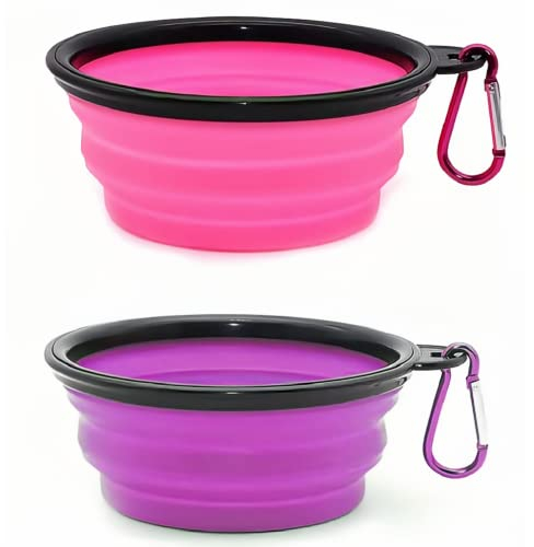 2PZ Ciotola pieghevole per cani, piatto portatile per l'irrigazione per animali domestici, ciotola portatile per alimenti d'acqua per cani con moschettone (350ML, Rosa+Viola)