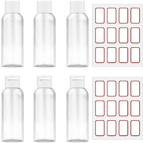 FINEASY 6Pcs Clear Travel Bottles 80ML, Containers Bottles with Lids, with 2 Sheets Stickers, Refillable Empty Travel Bottle for Toiletries Cosmetic Lotion Gel Shampoo Conditioner Shower
