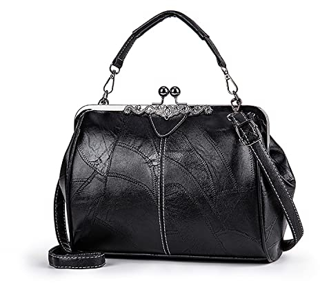 Damen Retro Handtasche, Frauen PU Leder Geldbörse Vintage Top Griff Tasche Kiss Lock Handtaschen Crossbody Schultertaschen (Schwarz)