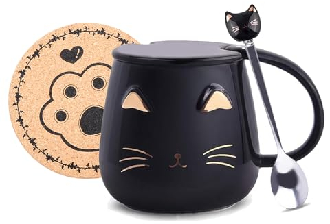 XinHuiGY Tazza da caffè in ceramica rosa con carino gatto, fatta a mano, tazze da tè con cucchiaio, unica, per cioccolata calda, tazze per Natale, compleanno, per ragazze e donne (Nero)