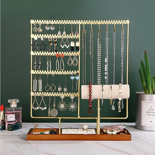 Oursouion Jewellery Stand Jewellery Holder Necklace Stand With Wooden Tray Multi-Tier Earring Stand Velvet Ring Holder for Necklace,Rings, Bracelets,Watches-Jewellery Organiser(Golden)