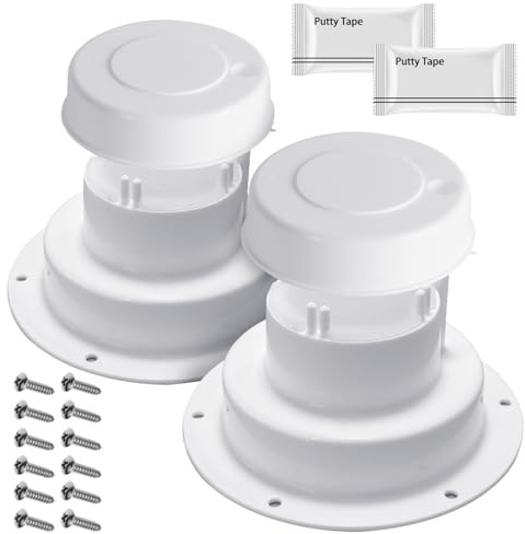 Aussio (2 Pack, White RV Roof Vent Cover Kits with Putty Tape and Screws, Camper Vents Cap for Trailer RV Roof Vent Cover Replacement, Camper Plumbing Vents Caps Kit for 1 to 2-3/8 OD Pipe
