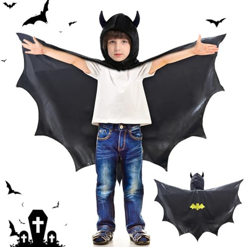 Déguisement Chauve Souris Enfant, Deguisement Carnaval Noir, Cape de Chauve Souris Ailes à Capuche, Costume Vampire Oreille, Deguisement Accessoires pour Garcon et Fille Halloween Festival Fête Robe