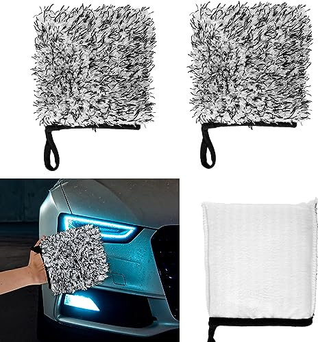 Eummy 2 PCS Car Wash Mitt Glove Double Sided Microfiber Car Washing Mitts Car Cleaning Mitt Car Wheel Mitt Wash Glove Reusable Cleaning Gloves Professional Scratch Free Cleaning Mitts 16x16CM