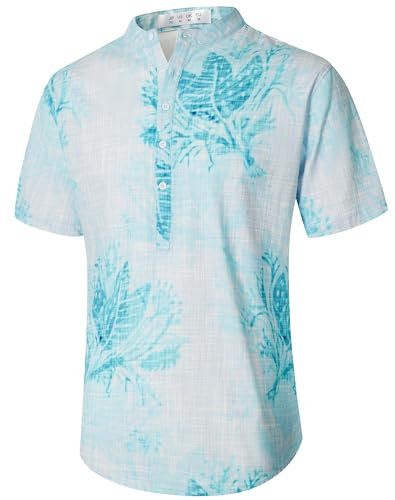 ELETOP Mens Linen Shirts Short Sleeve,Summer Linen Shirts Men Breathable and Light Weight Mens Casual Printed Cotton Shirt