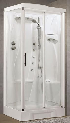 Novellini New Holiday 2P+F Hammam 100 x 70 cm Cabine de douche multifonction Ouverture Coulissante Siège Droite Mitigeur Mécanique Verre Transparent Profil Blanc Bain à remous Sauna Hauteur 225,5 cm