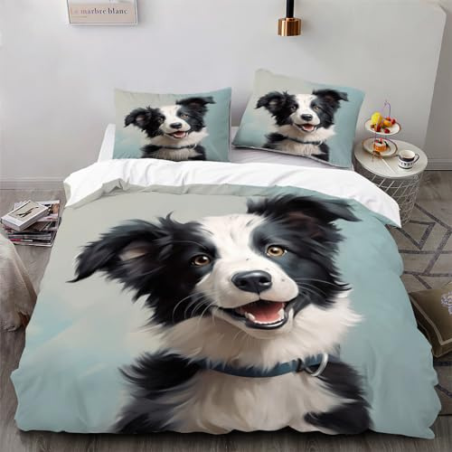 Ruiqieor Bettwäsche 155x220cm,Schwarzer weißer Border Collie Hund Motiv Bettwäsche Set 3teilig,1 Bettbezug und 2 Kissenbezug 80x80 cm,3D Cartoon Tiere gedruckte Kind Bettwäsche（#9）