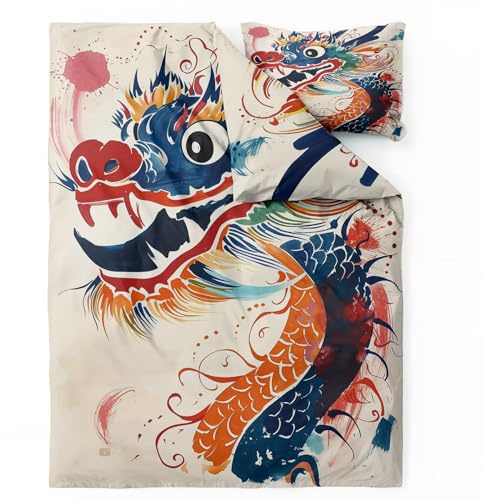 Housse de Couette 220x240 Dragon Chinois - Parure de Lit 2 Personnes Motif Oriental Japonaise, Ensemble de Literie Imprimée en Microfibre Douce avec Fermeture éclair, 2 taies d'oreiller 65x65 cm