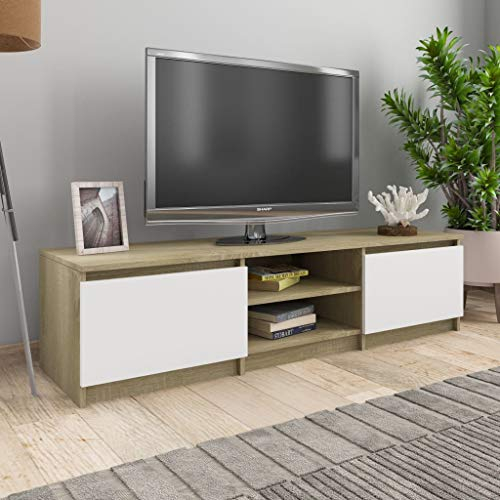 Baziroo TV-Schrank Weiß und Sonoma-Eiche Sideboard TV Lowboard TV Unterschrank TV Unit Fernseher Unterschrank TV Stand Cabinet Mit 2 Türen und 2 offenen Fächern 140x40x35,5 cm