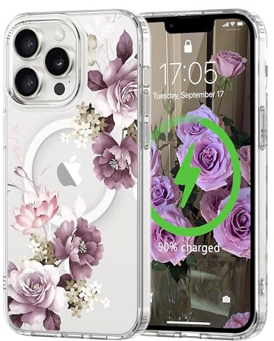 L-FADNUT Magnetisch Handyhülle für iPhone 13 Pro Max Hülle Kompatibel mit MagSafe, Transparent Blumen Muster Schutzhülle Hart PC Rückseite Dünne Stoßfest Kratzfestes Case für iPhone 13 Pro Max, Lila