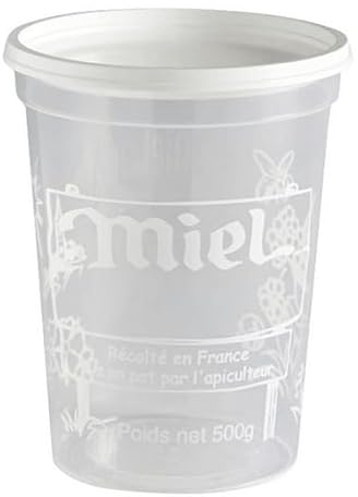 Lot de 10 Pots en Plastique avec Couvercles de 500g, Nicot impression 1 Couleur (PEP), Pots pour Conditionner le Miel ou autre utilisation Alimentaire, Prêts à l’emploi. FABRIQUER EN FRANCE