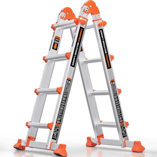 KINGRACK Aluminium Teleskopleiter 4,17 M 4x4 Sprossen Mehrzweckleiter, Rutschfeste Multifunktionsleiter mit Stabilisatorstange, Aluleiter Treppenleiter Bockleiter beidseitige Steh Belastbar bis 150 kg