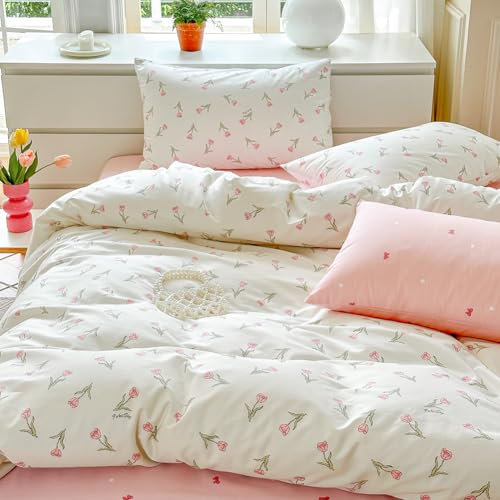 Covebett Cotton Duvet Cover Double Size White Pink Floral Flower Tulip Reversible Bedding Set 3pcs, 1 Aesthetic Girls Quilt Cover 200x200 cm with Zipper Closure and 2 Pillowcases 50x75