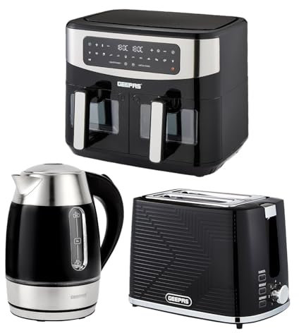Geepas 1.7L Illuminating Electric Kettle 2 Slice Bread Toaster & 9L Dual Zone Air Fryer Kitchen Combo Set | 2200W Rapid Boil Cordless Jug Kettle | 900W Toaster | 9L XL Capacity, Oil Free Fryer