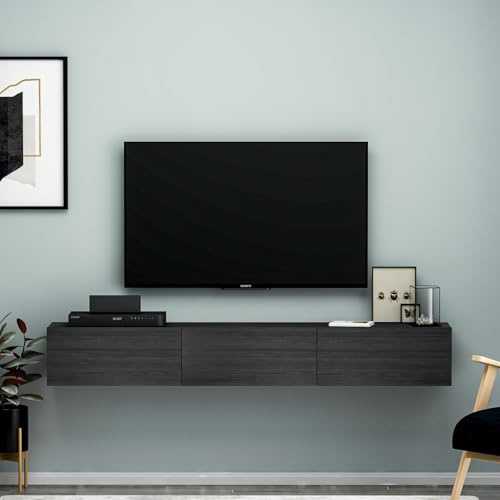 Hanah Home Stylish Black TV Stand, 180 cm Wide, 26 cm High, 31.4 cm Deep | 100% Melamine Coated Particle Board, 18 mm Thick | Perfect for Modern Living Rooms