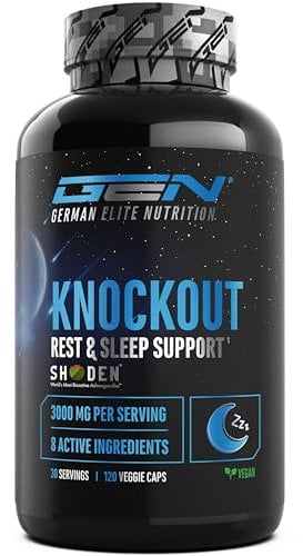 Knockout - Sleep & Recover Support - 120 Kapslen mit Shoden® Ashwagandha Extrakt, Magnesium, L-Tryptophan, natürliches L-Theanin aus Grüntee, Baldrian - Vegan