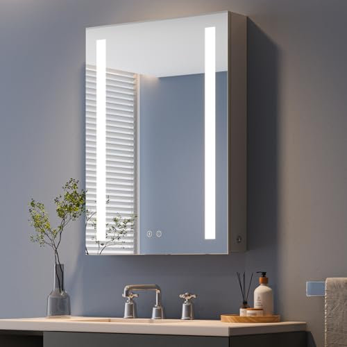 Dripex Armario Baño con Espejo y Luz, Antivaho, con Enchufe y Puerto USB, 3 Colores de Luz, Dimmable, Cuerpo Gris, Espejo Baño con Luz y Estantes,LK-GL
