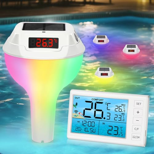 PATEMZON Thermometre Piscine, Thermomètre Piscine Solaire Lumineux, Thermomètre de Piscine avec Affichage et Corde, Thermomètre Piscine pour Bassins, Piscines et Aquariums
