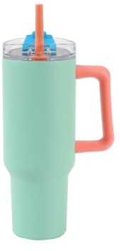 IDRINK - Tumbler Thermosflasche für unterwegs, 1,2 l mit Griff und Strohhalm (Wassergrün/Rosa)