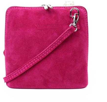 Lusso in pelle Small Genuine Italian Suede Leather Handbag with Detachable Straps - Handmade Suede Crossbody Bag - Elegant Women's Handbag (Fuchsia)