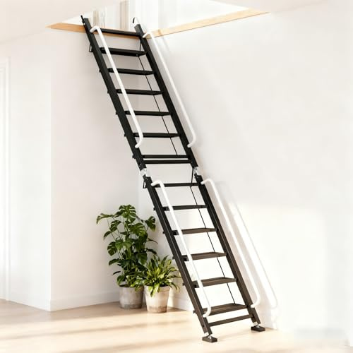 Foldable Aluminum Loft Stairs Ladder, 12 Step Folding Bunk Bed Ladders with Handrails, Portable Anti-Slip Egress Attic Ladder, Floor-Mounted Metal Roof Access Step Ladders for Dorm RV Home Attic Stair
