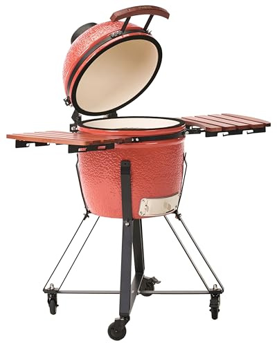 Holzkohlegrill Keramik mit Deckel Thermometer Grillrost auf Rollen rot Kamado