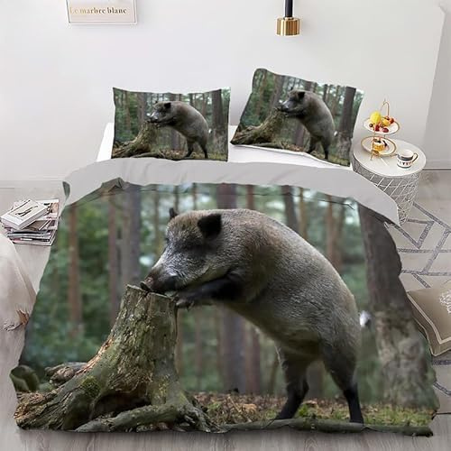 Wildschwein Bettwäsche 135x200 Wald Bettwäsche Set, 3D Bettbezug Set Weich Microfaser Bettbezüge 2 Teilig Wildschwein Wendebettwäsche für Einzelbett, mit 1 Kissenbezug b3277